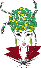 Girl in green turban, fancy hat in extravagant, colored earrings
