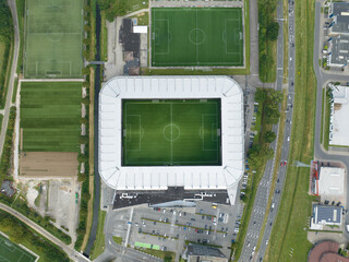 Top down aerial view on football sports stadium.