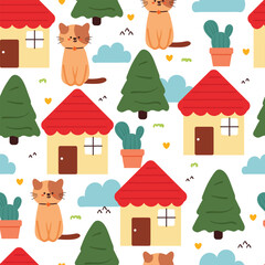 cute seamless pattern cat and little house with tree and plant. cute wallpaper for gift wrap paper