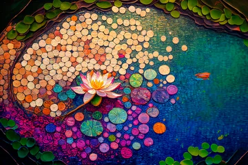 Abwaschbare Fototapete Zen Lotus flower in pond from above fine art. Water lily on dark paint canvas texture top view wallpaper. Japanese zen garden landscape. Vintage botanical background.