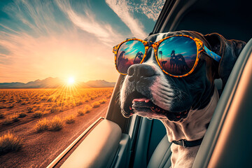 Naklejka premium Tourist dog driving in a car. Summer holiday adventure.
