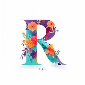 Generic logo colorful flat floral design with letter R. Floral alphabet