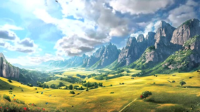 Beautiful natural panorama with expanse of grass, mountains and blue sky. Fantasy style cartoon or anime illustration. seamless looping video animated virtual background.