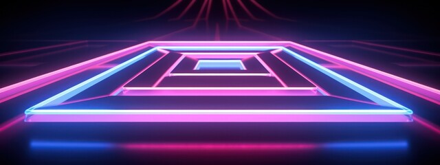 Fototapeta premium 3d render. Abstract geometric background of square neon frames glowing in the dark. Performance stage platform. Modern simple wallpaper