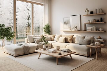3d rendering of modern living room with white sofa, home desk in wall with decor, personal accessories, lamp, books, dry flowers in a vase, ceramics. Pouf with a blanket. Wood panel,Generative AI