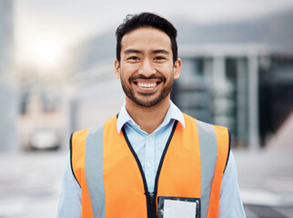 Happy asian man, technician and portrait in city for construction, installation or inspection on rooftop. Male person, engineer or contractor smile for architecture career, building or maintenance