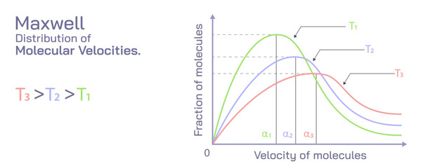 The fraction of molecules with extremely low or extremely high velocities is extremely small. The fraction of molecules with higher velocities increase until it reaches a plateau. Maxwell distribution - obrazy, fototapety, plakaty
