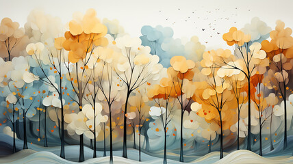 autumn drawing trees row on a white background