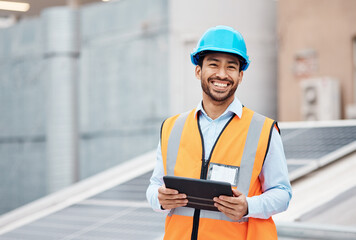Construction worker, tablet and portrait of man with research and digital data for solar panel...