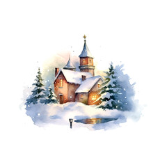 Fototapeta premium Vintage christmas house forest watercolor, great design for any purposes. Snow New Year