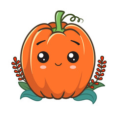 Cute pumpkin character with a autumn leaves. Illustration on transparent background
