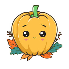 Cute pumpkin character with a autumn leaves. Illustration on transparent background