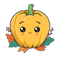 Cute pumpkin character with a autumn leaves. Vector illustration isolated on white background