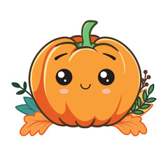 Obraz premium Cute pumpkin character with a autumn leaves. Vector illustration isolated on white background