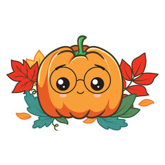 Cute pumpkin in glasses character with a autumn leaves. Vector illustration isolated on white background