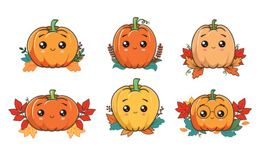 Cute pumpkin character with a autumn leaves collection. Vector illustration isolated on white background