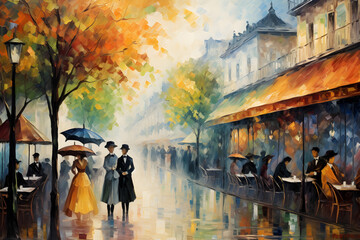 Rainy Day in Post-Impressionism Art Style Depicting People Walking in the Streets Amidst Raindrops