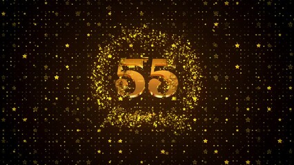 Luxury Motion View Golden Shiny Happy 55th Anniversary Logo reveal On Golden Brown Twinkle Star Shape Particles Sparkle Pattern Background