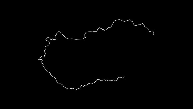 Hungary map animation line. White line drawing on a black background.