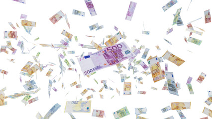 Falling euro bills - money flying with transparent backround - banknotes wallpaper - obrazy, fototapety, plakaty