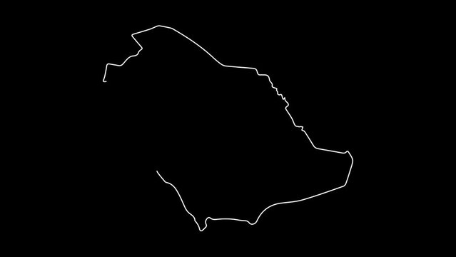 Saudi Arabia map animation line. White line drawing on a black background.