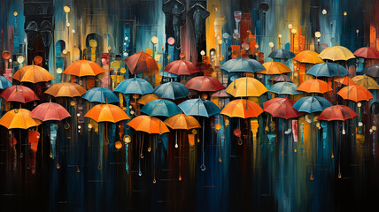 painting people umbrellas autumn rain old town lights