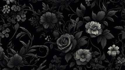 black flowers ornament on dark background gothic style