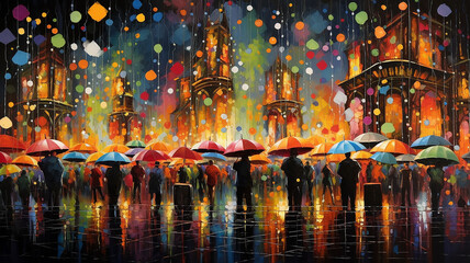 painting people umbrellas autumn rain old town lights