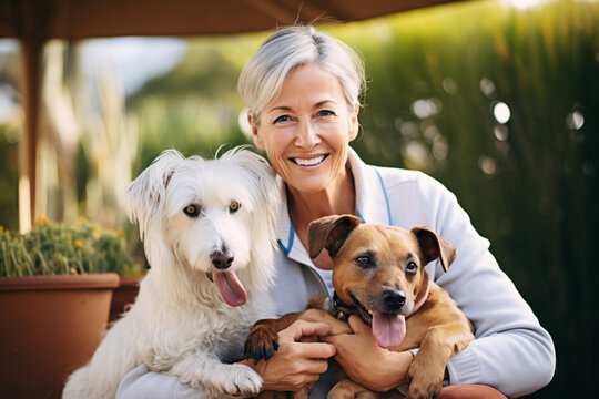 A happy mature woman surrounded by her beloved pets, finding companionship and joy Generative AI
