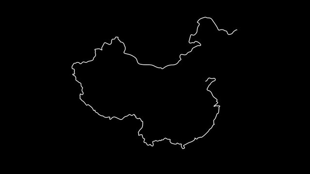 China map animation line. White line drawing on a black background.