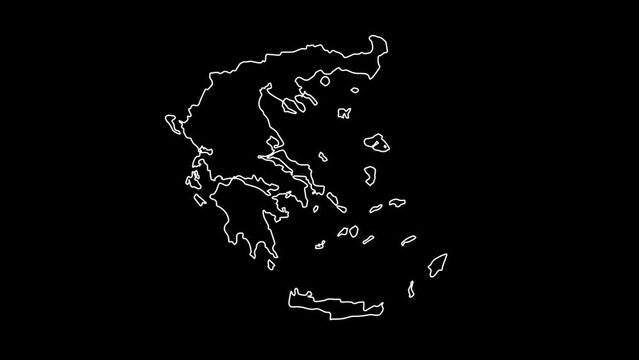 Greece map animation line. White line drawing on a black background.