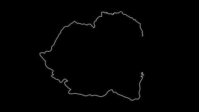 Romania map animation line. White line drawing on a black background.