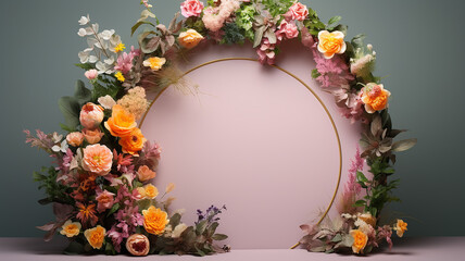 round frame with flowers presentation studio background stage podium abstract invitation