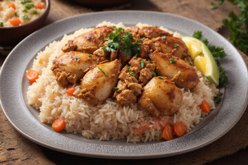 Brazilian food: Chicken and rice Galinhada Mineira close-up on a plate on a table. Horizontal top view from above