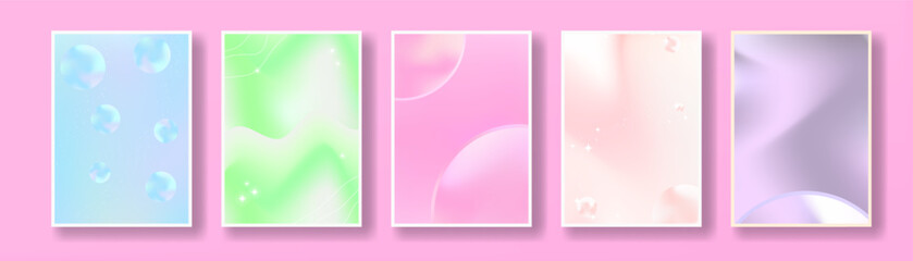 Set of Beautiful Abstract Pastel Posters in liquid gradient concept, geometric elements. Modern and trendy. Blue, pink, yellow pastel colors. Vector Illustration.
