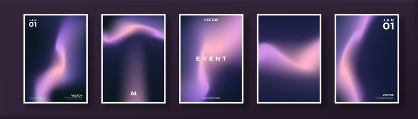 Beautiful Set of Vibrant Northern Lights Posters in a4 size template. Borealis gradient concepts in purple and blues.  Perfect for prints, banners, landing pages, web, templates, background. 
