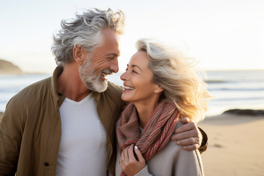 A carefree mature couple on a beach, feeling the warmth of the sun and the joy of each other's presence Generative AI