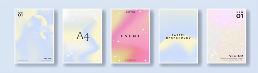 Set of Abstract beautiful Pastel Posters in liquid gradient concept, geometric elements with twinkling stars. Modern and trendy. Blue, pink, yellow pastel colors. Vector Illustration.
