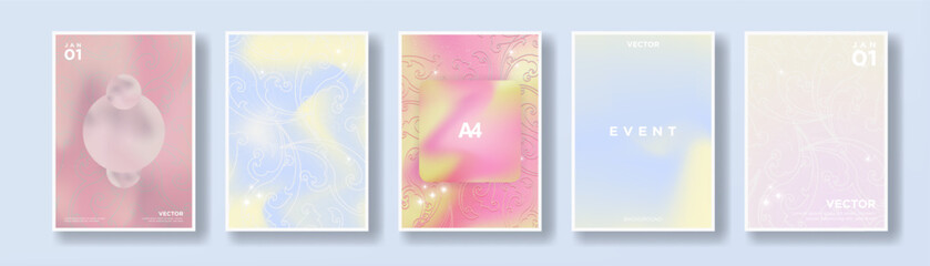 Beautiful Pink, yellow, blue Pastel Gradient Poster Templates with florid patterns. Swirling floral florid design element on pastel designs. Colorful pastel posters. Vector Illustration. EPS 10.
