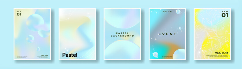 Beautiful Abstract Pastel Posters in liquid gradient concept, geometric elements with twinkling stars. Modern and trendy. Blue, pink, yellow pastel colors. Vector Illustration. 