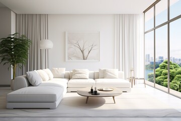Naklejka na ściany i meble Modern luxury living room | Modern interior living room design | 3d rendering of modern living room with white sofa | Panoramic grey living room ,Generative AI.
