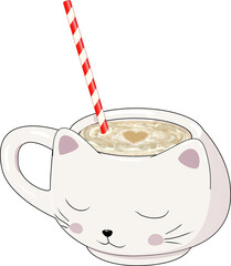 frappe Frappuccino ice coffee latte in a ceramic cat mug clipart illustration