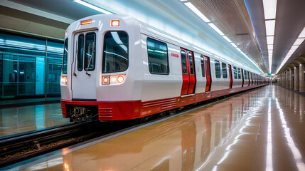 Obraz na płótnie Canvas Train and Underground Platform. Railway Metro Station.