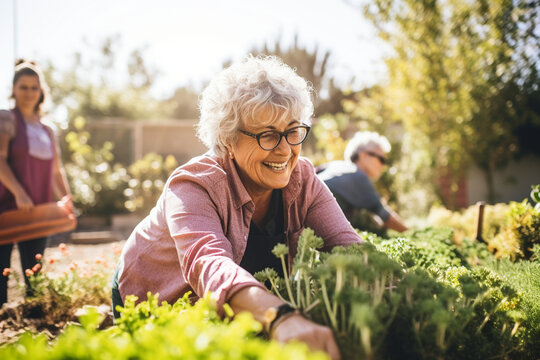 A radiant mature woman participating in a community gardening project, enjoying the sense of camaraderie Generative AI