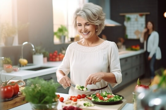 A cheerful mature woman at a cooking class, learning new recipes and enjoying the delicious creations Generative AI