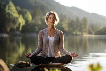 Fototapeta premium A content mature woman meditating on a tranquil lakeside, finding serenity in the reflection of the water Generative AI