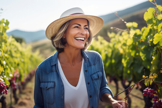 A joyful mature woman exploring a charming vineyard, savoring the taste of fine wines and the beauty of the landscape Generative AI
