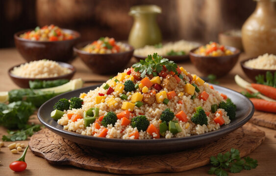 Brazilian food cuzcuz cous cous cassava farofa of delicious cooked rice with vegetables and sauce in a plate on the table