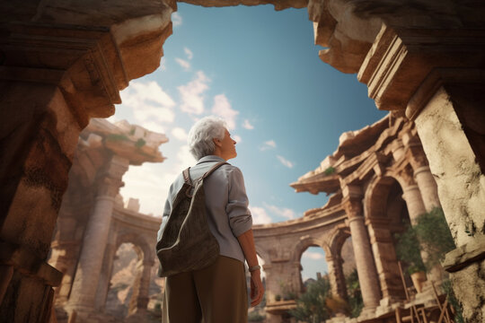 An Animated Mature Woman Exploring An Ancient Ruin, Appreciating The History And Mystery It Holds Generative AI