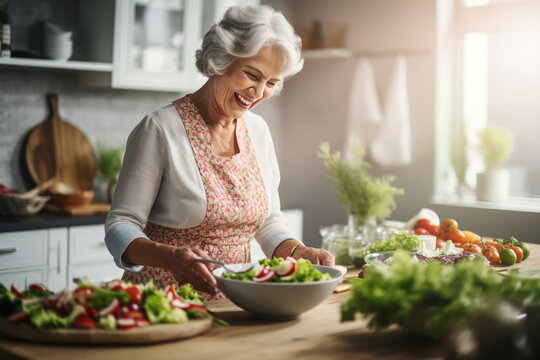 A delighted mature woman participating in a fun-filled cooking competition, creating memories and delicious dishes Generative AI